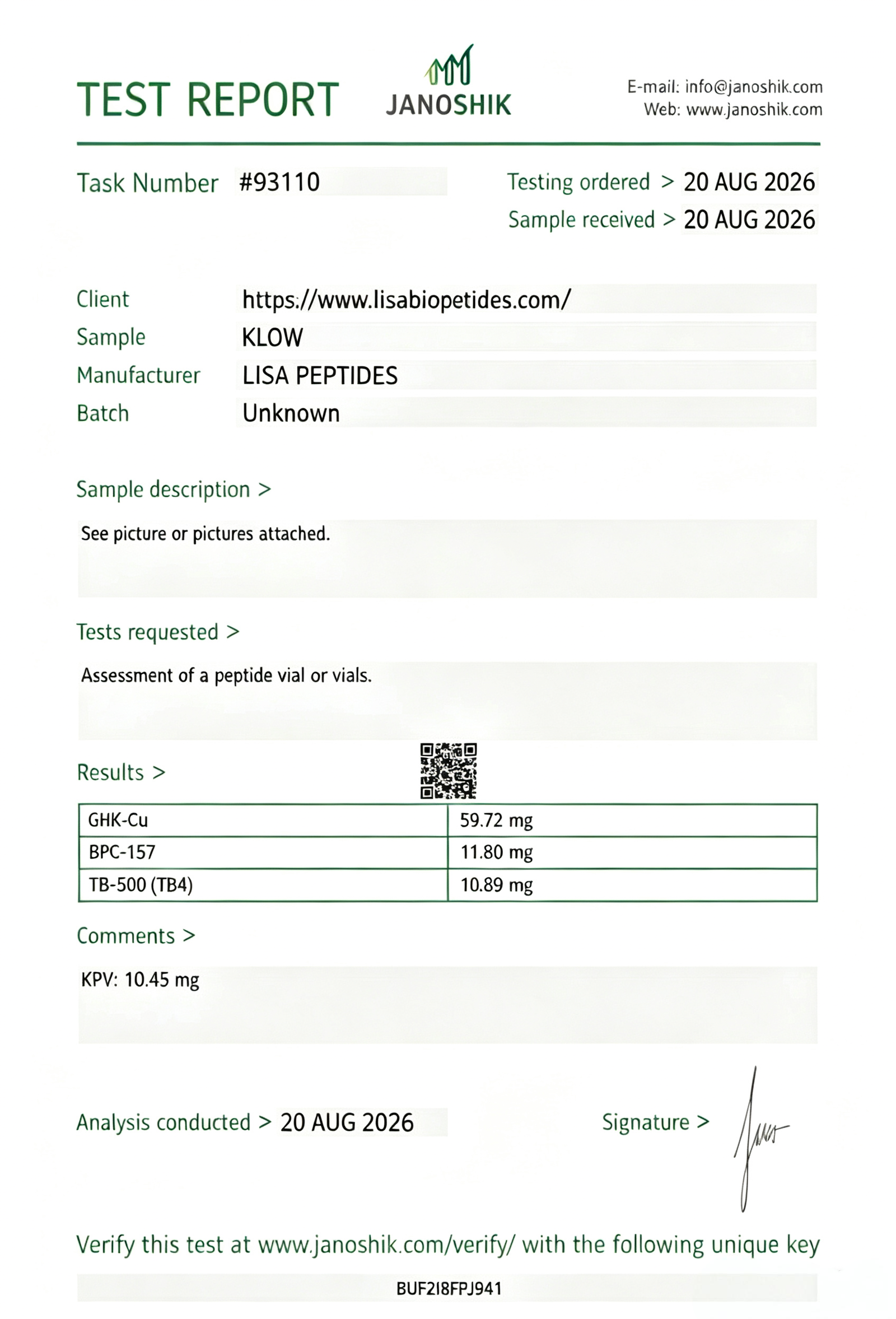 LISA PEPTIDES Certificate of Analysis