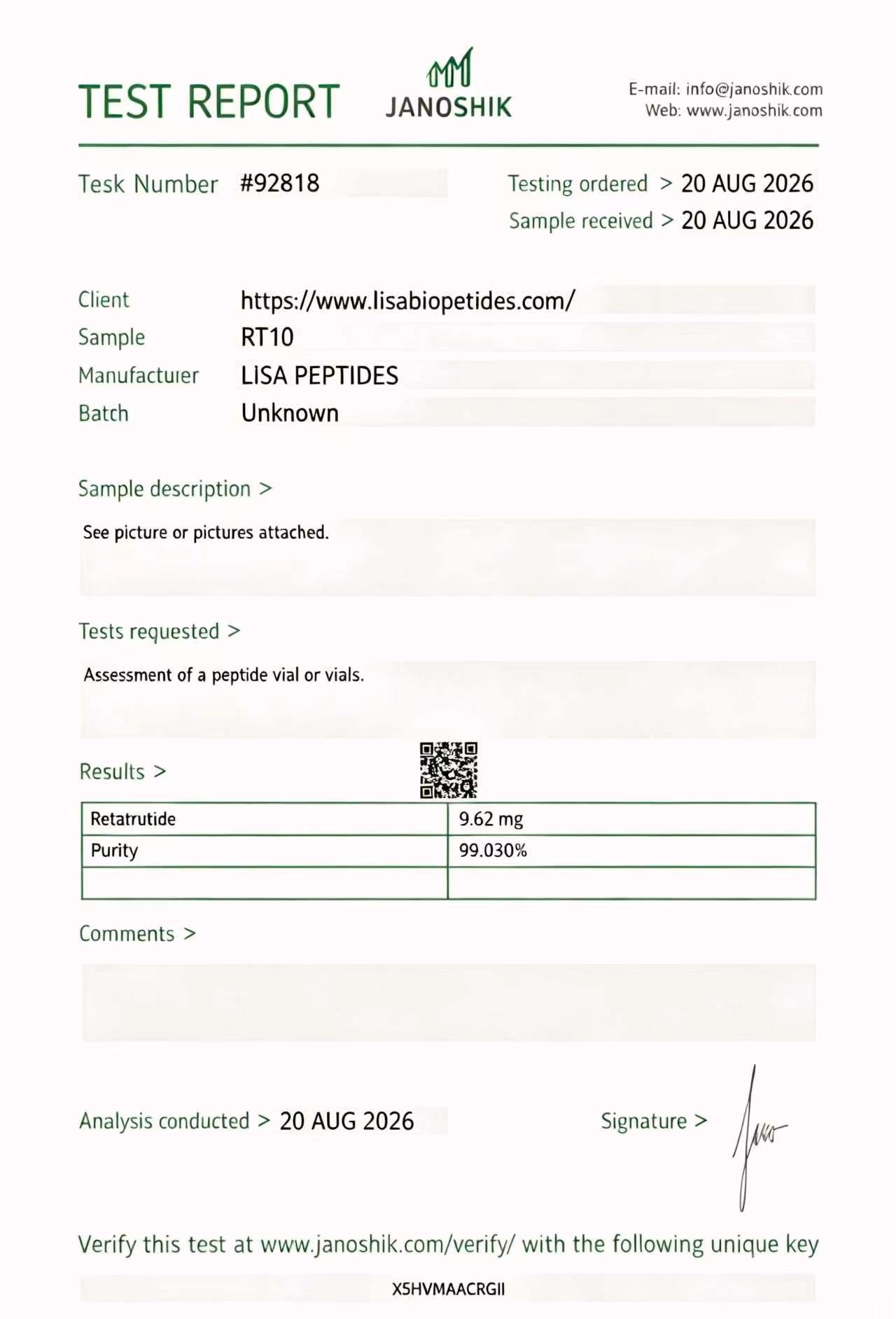 LISA PEPTIDES Certificate of Analysis