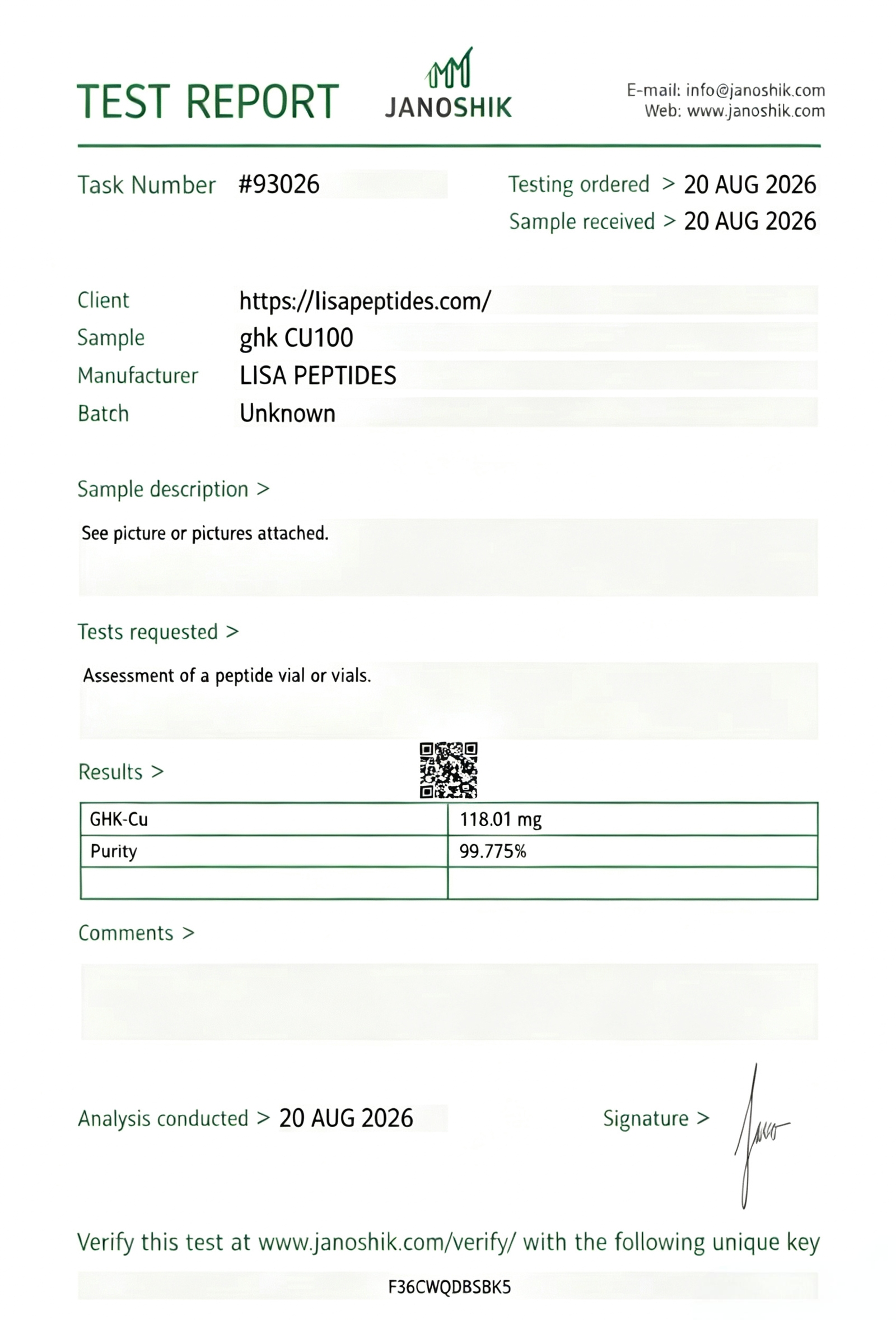 LISA PEPTIDES Certificate of Analysis