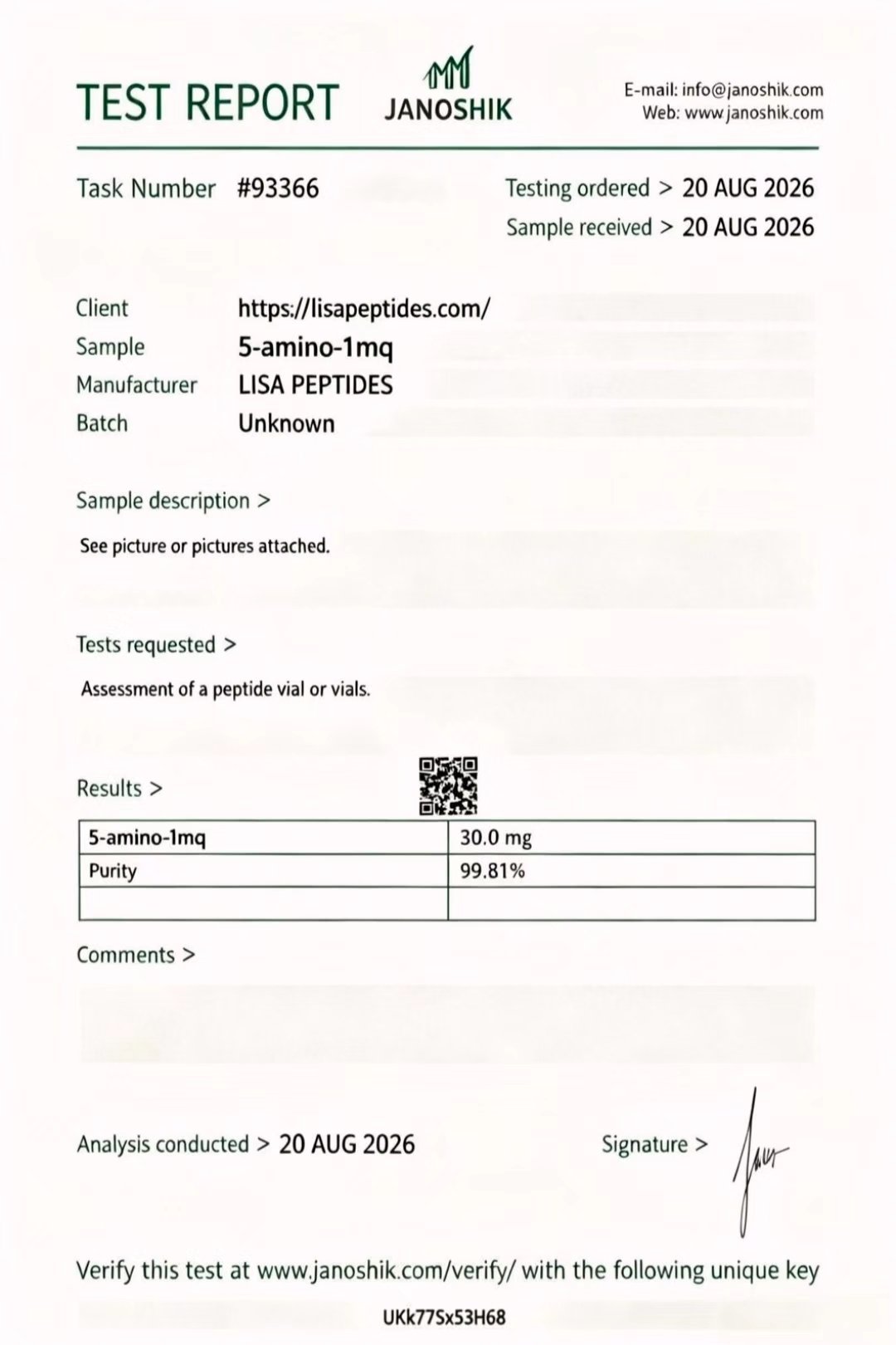 LISA PEPTIDES Certificate of Analysis