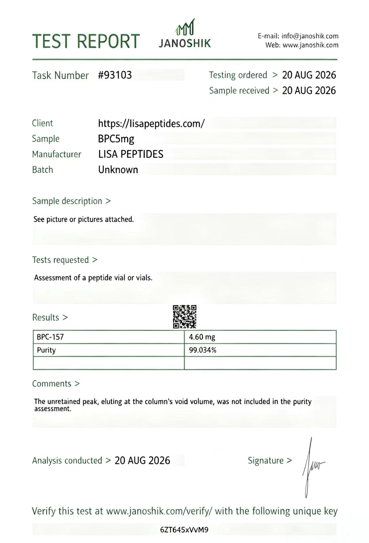 LISA PEPTIDES Certificate of Analysis