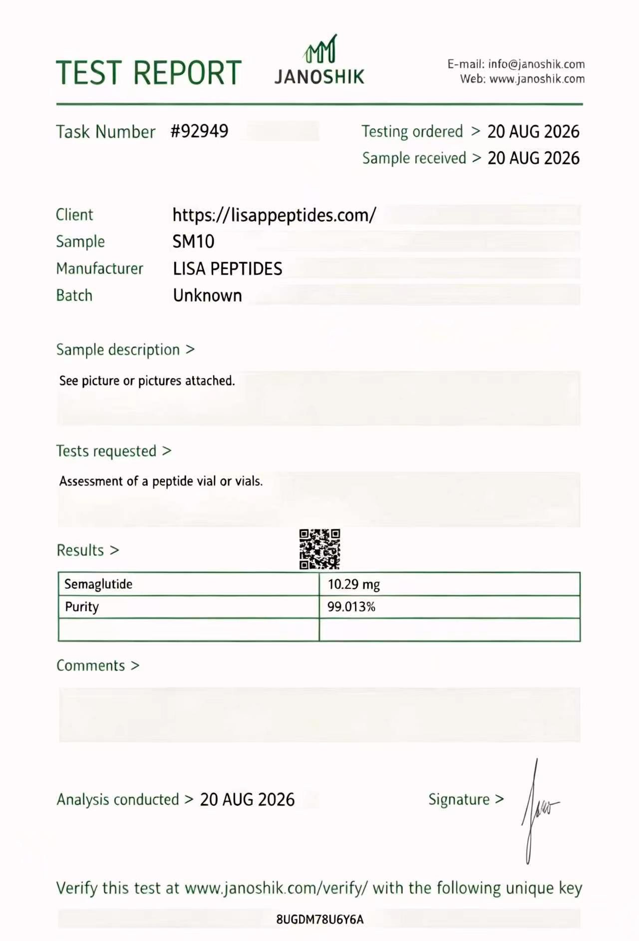 LISA PEPTIDES Certificate of Analysis