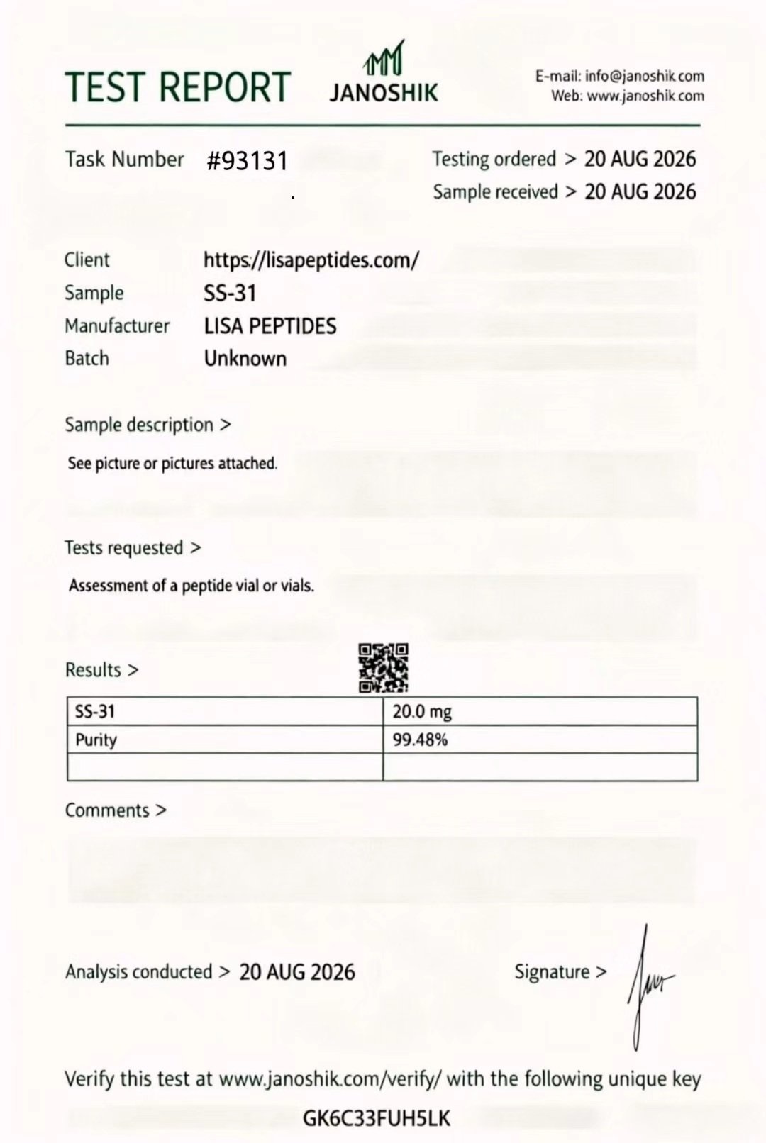 LISA PEPTIDES Certificate of Analysis