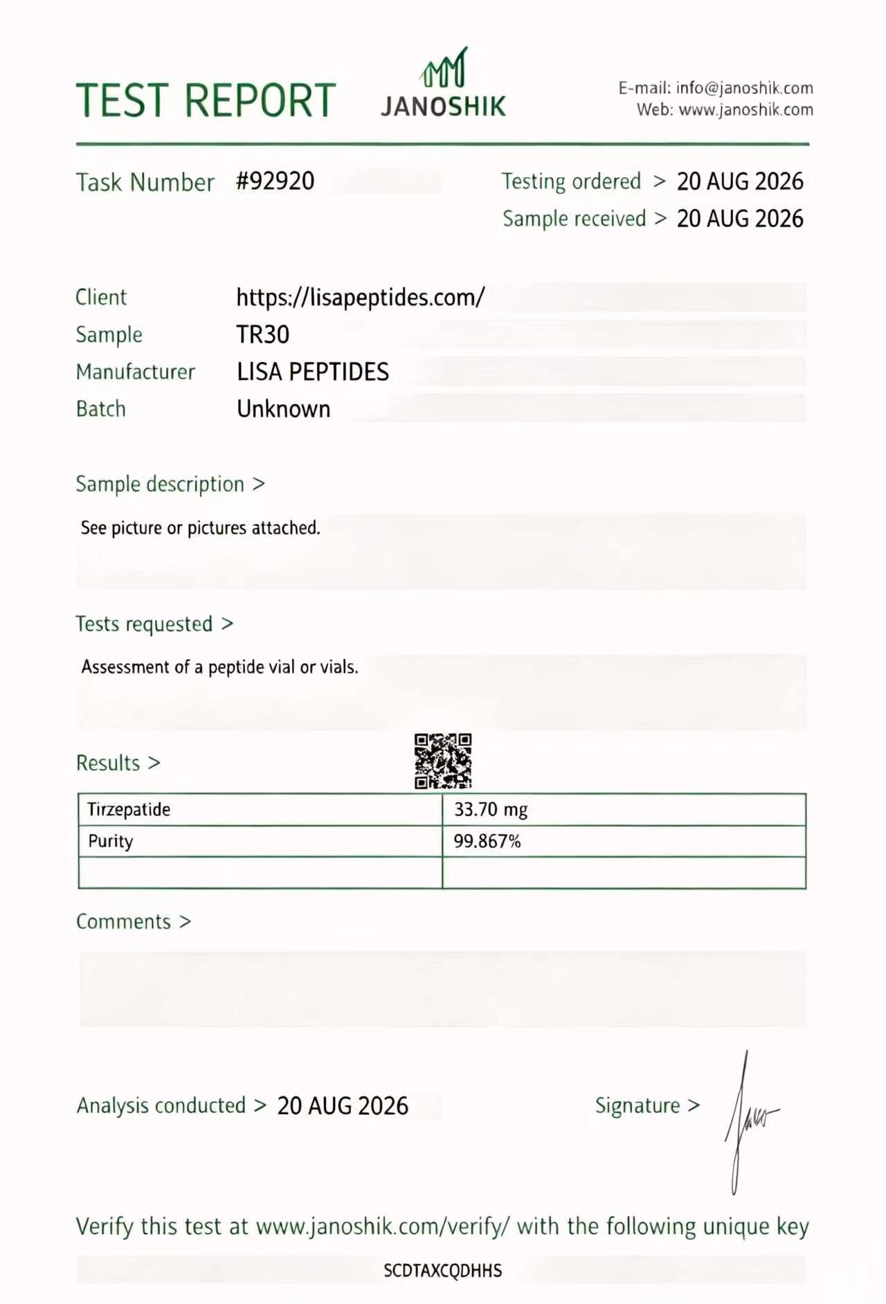 LISA PEPTIDES Certificate of Analysis