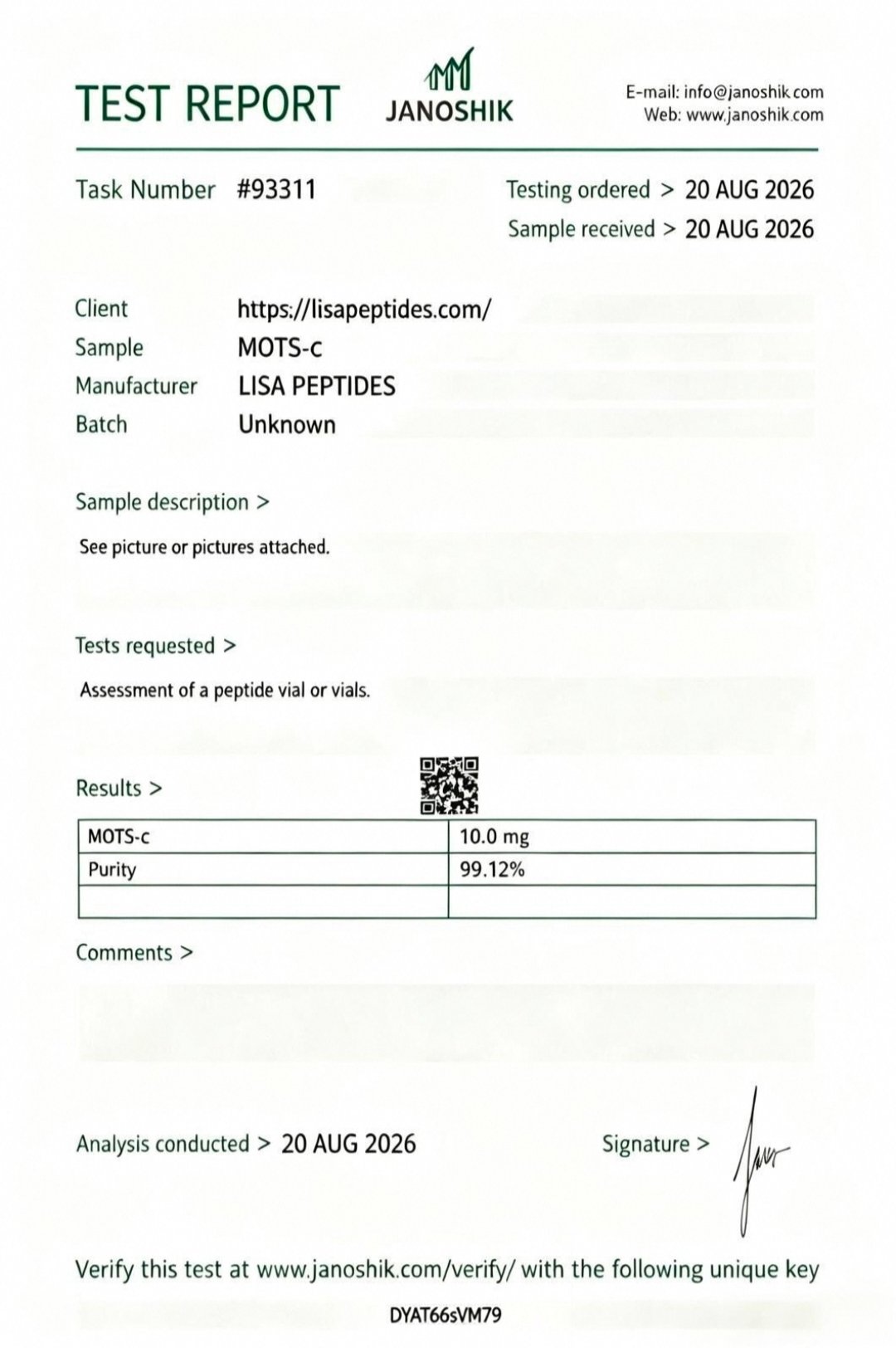 LISA PEPTIDES Certificate of Analysis