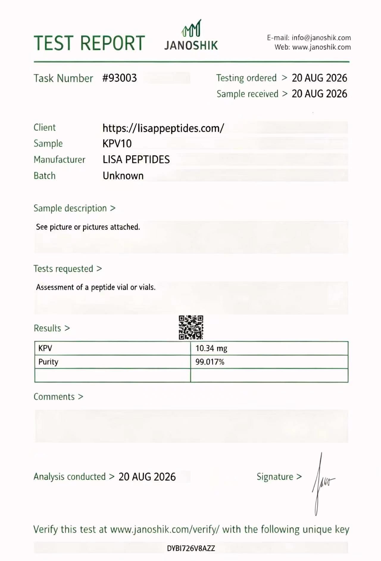 LISA PEPTIDES Certificate of Analysis